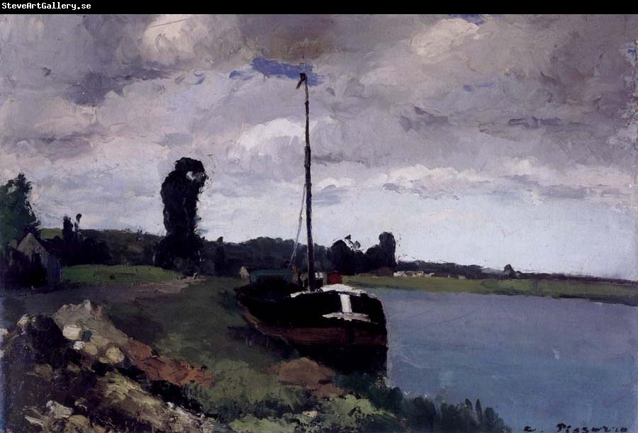 Camille Pissarro River landscape with boat Paysage fluviale avec bateau pres de Pontoise